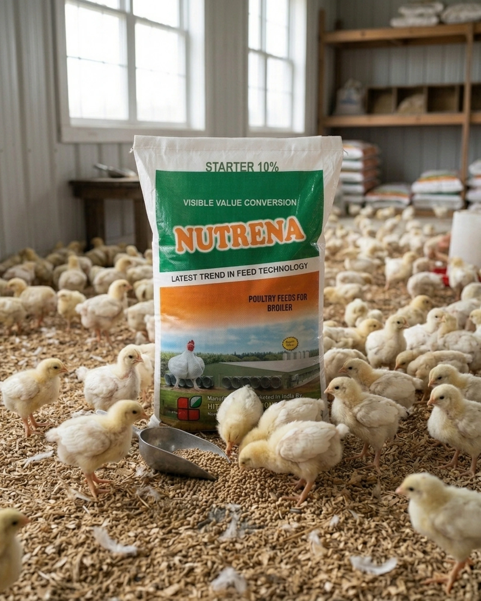 Broiler chicks feeding on Nutrena starter premix